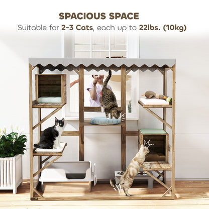 Wooden Catio Outdoor with Window Access, Waterproof Cover, Relaxing Condo, 5 Platforms, Doors, 59" x 28" x 59", Brown