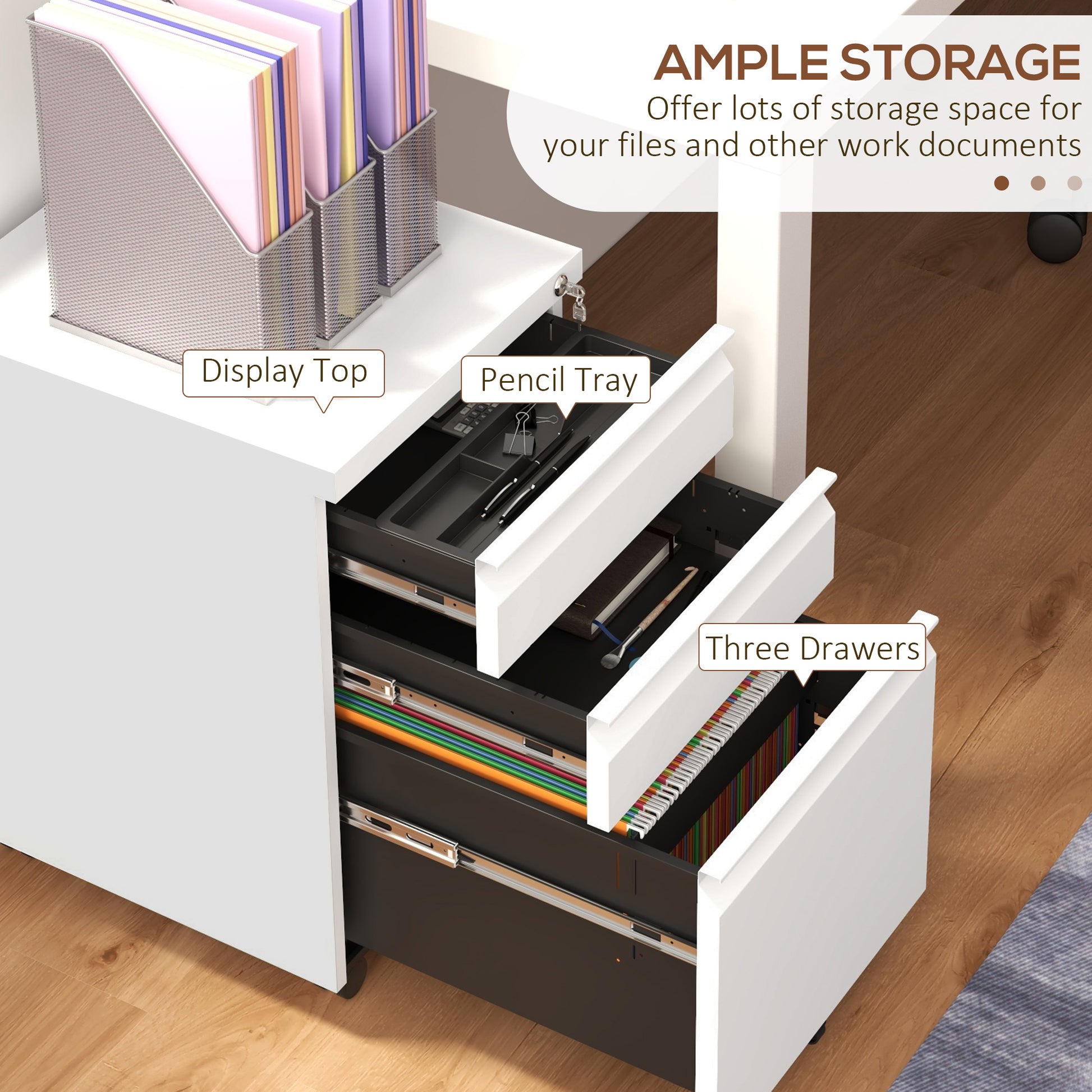 3 Drawer File Cabinet with Lock, Steel Vertical Filing Cabinet with 5 Wheels and Hanging Bar for A4/Legal/Letter, Home Office Printer Stand with Pre-Assembled Body, White