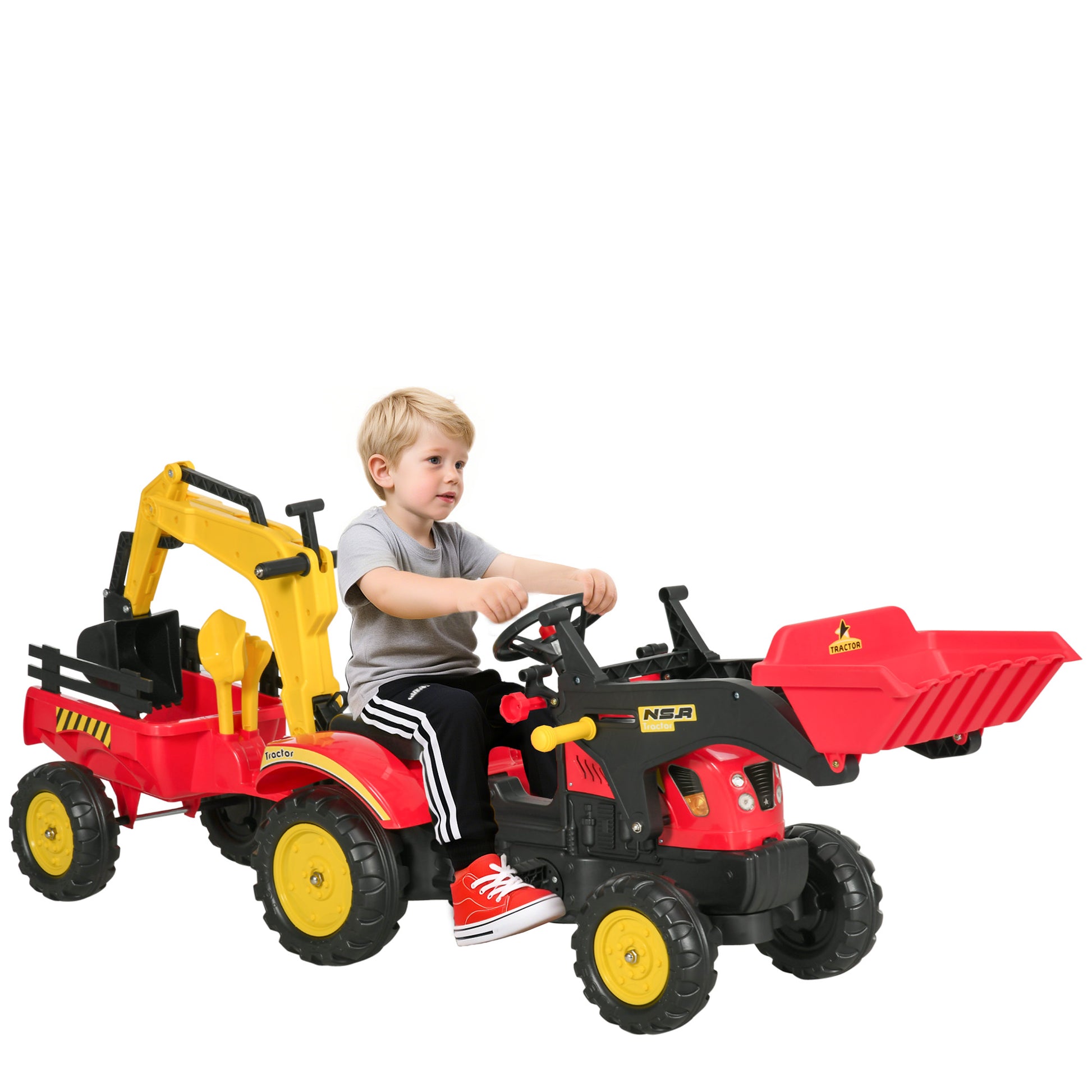 Aosom Ride on Toy Dump Truck for Kids, Pedal Construction Car with Detachable Trailer for 3 Year Old, Red