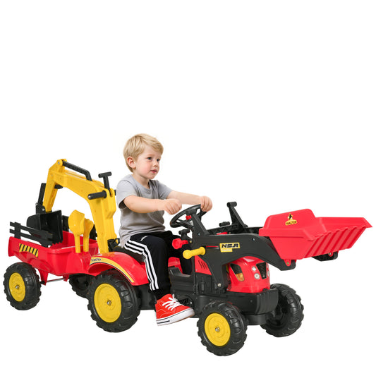 Aosom Ride on Toy Dump Truck for Kids, Pedal Construction Car with Detachable Trailer for 3 Year Old, Red
