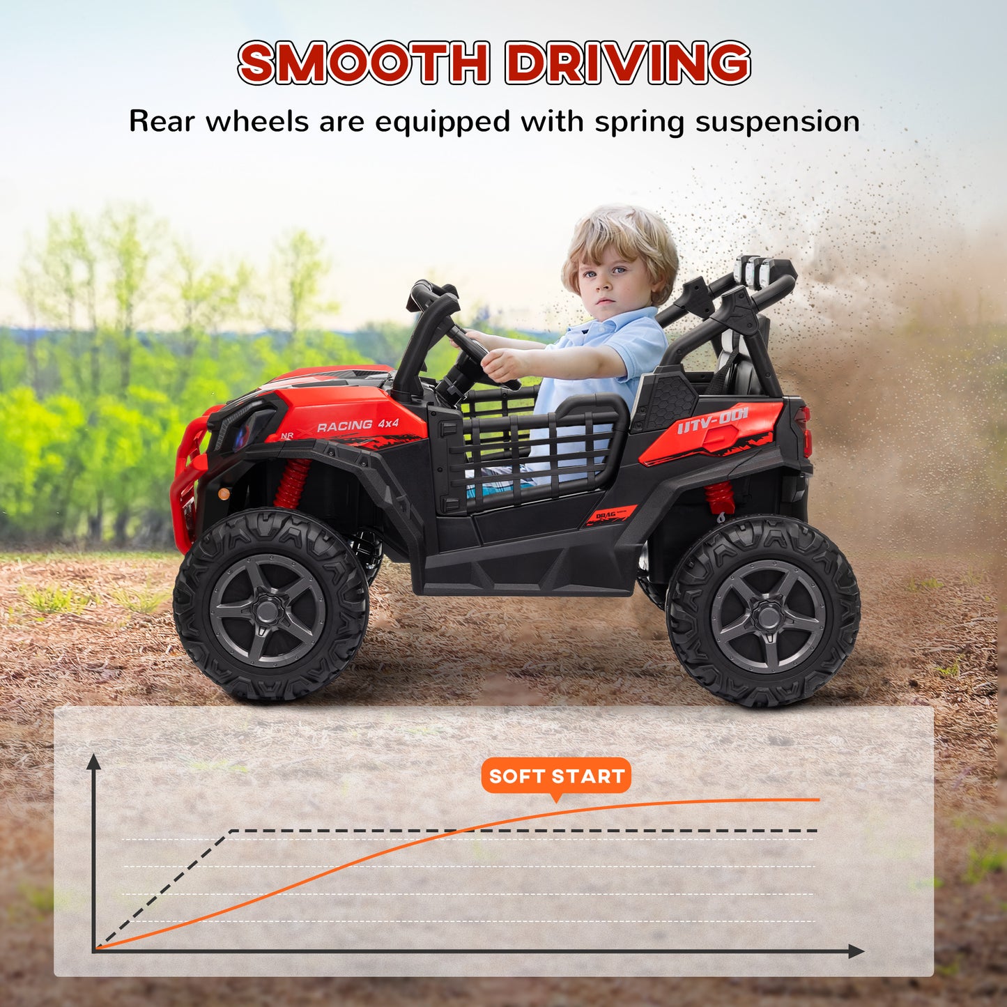 Qaba 2 Seater 24V Electric Car for Kids with Remote Control, 3 Speed, LED Lights, Music, Horn, Spring Suspension, Red