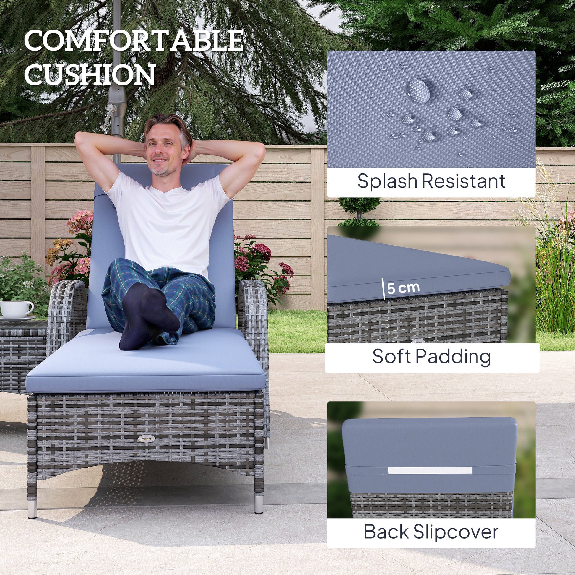 3 Pieces Wicker Patio Lounger Set with Table, PE Rattan Outdoor Lounge Chair Set with Cushions, Wheels, 5-Level Reclining Backrest, Headrest, Grey