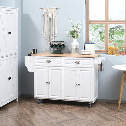 Kitchen Island with Storage, Rolling Kitchen Island with Drop Leaf, Rubber Wood Top and Adjustable Shelves, White