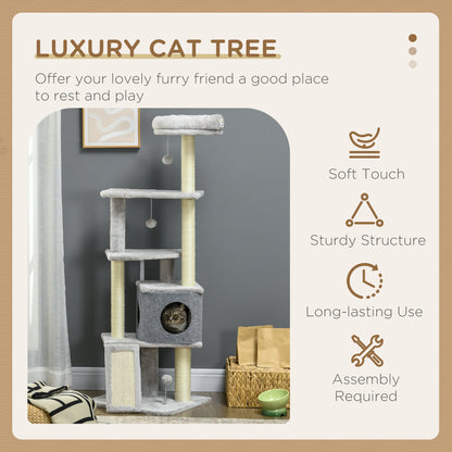 57.5" Cat Tree with Scratching Posts, Large Cat Tower for Indoor Cats with Bed, House, Toys, Grey