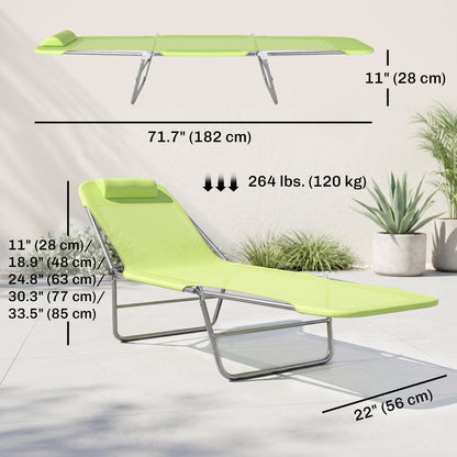 Outdoor Lounge Chair, Portable Adjustable Reclining Seat Folding Chaise Lounge Patio Camping Beach Tanning Chair Bed with Pillow, Light Green