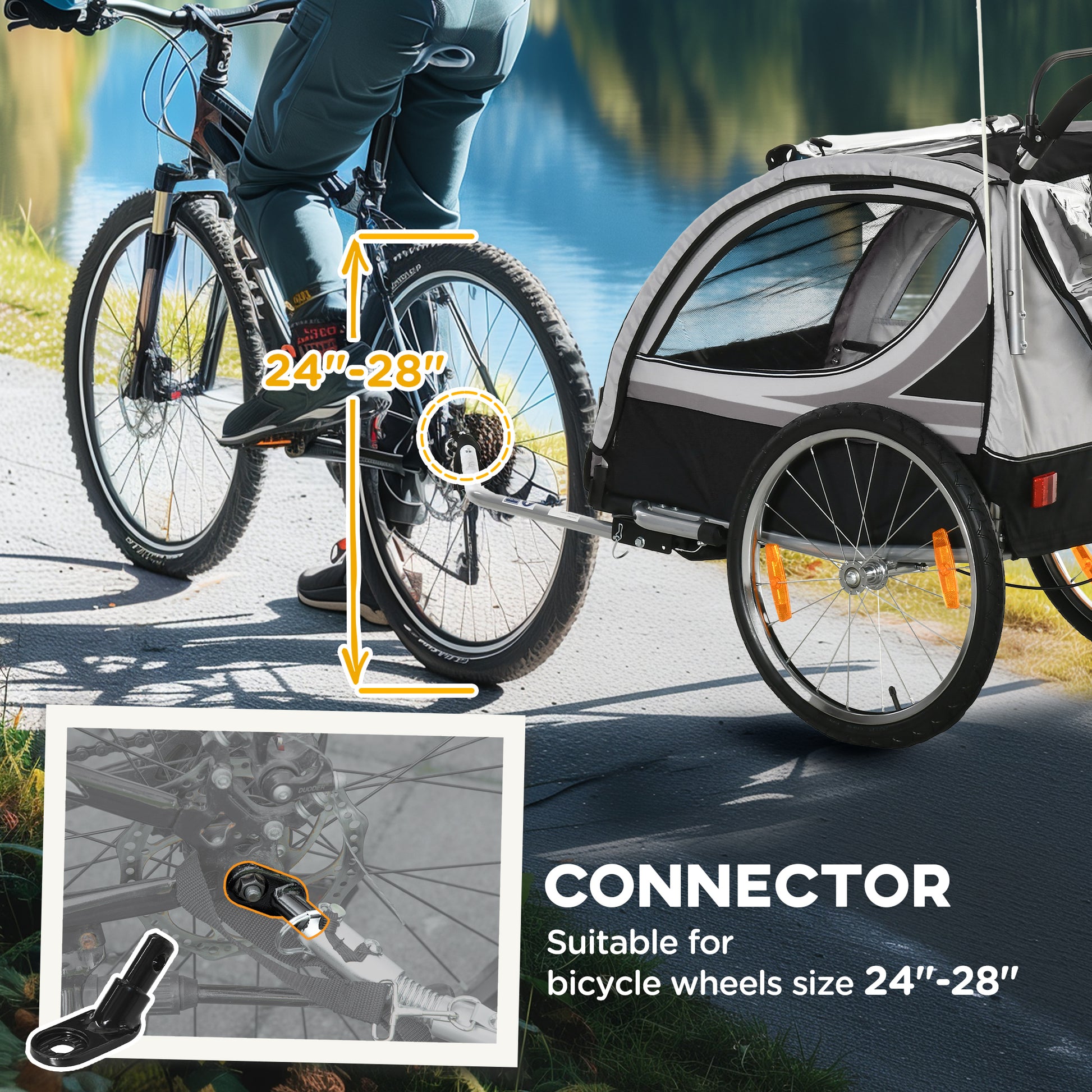 Aosom 2 Seat Bike Trailer for Kids 2-in-1 Baby Stroller with Handbrake, Rubber Wheels, 5 Point Harness, Reflectors, Grey
