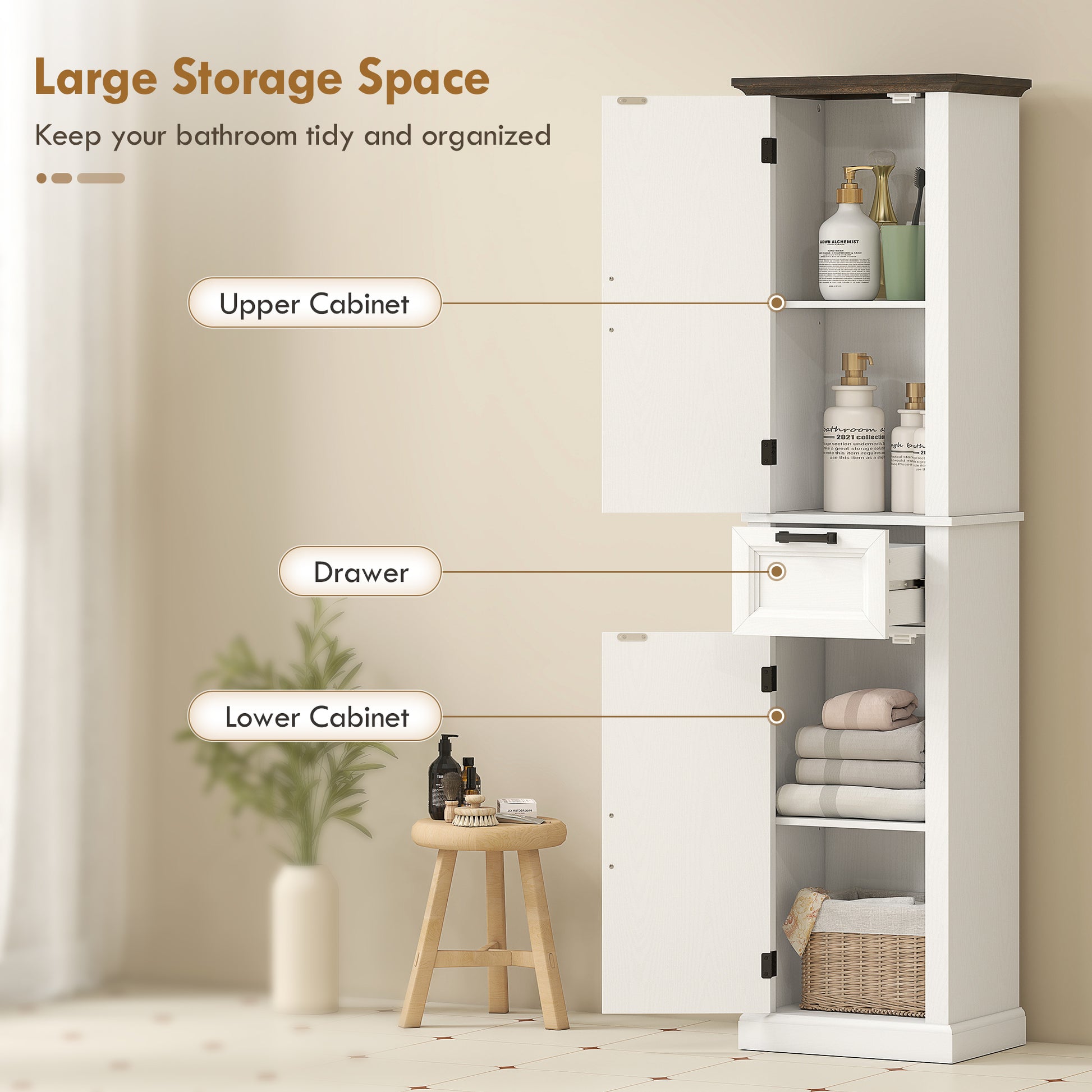 65" Tall Bathroom Storage Cabinet, Freestanding Farmhouse Slim Bathroom Cabinet with 2 Doors, Shelves and Drawer, White