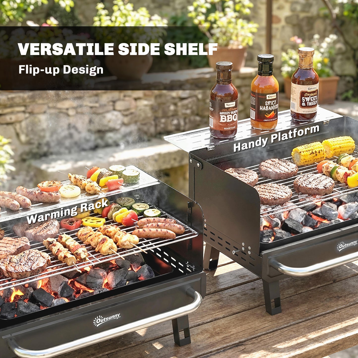 Charcoal BBQ Grill, Portable Barbecue Grill with Adjustable Grates, Foldable Legs, Side Shelf for Camping Travel, Black