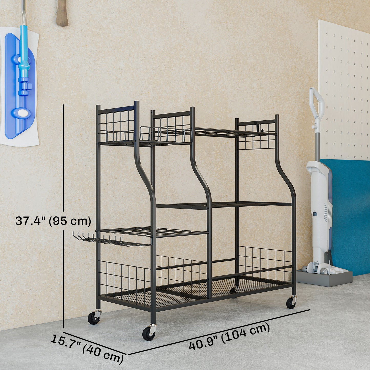 Garden Tool Organizer for Garage, 3-Tier Yard Tool Storage Rack with 74 Slots, 4 Wheels and 11 Hooks