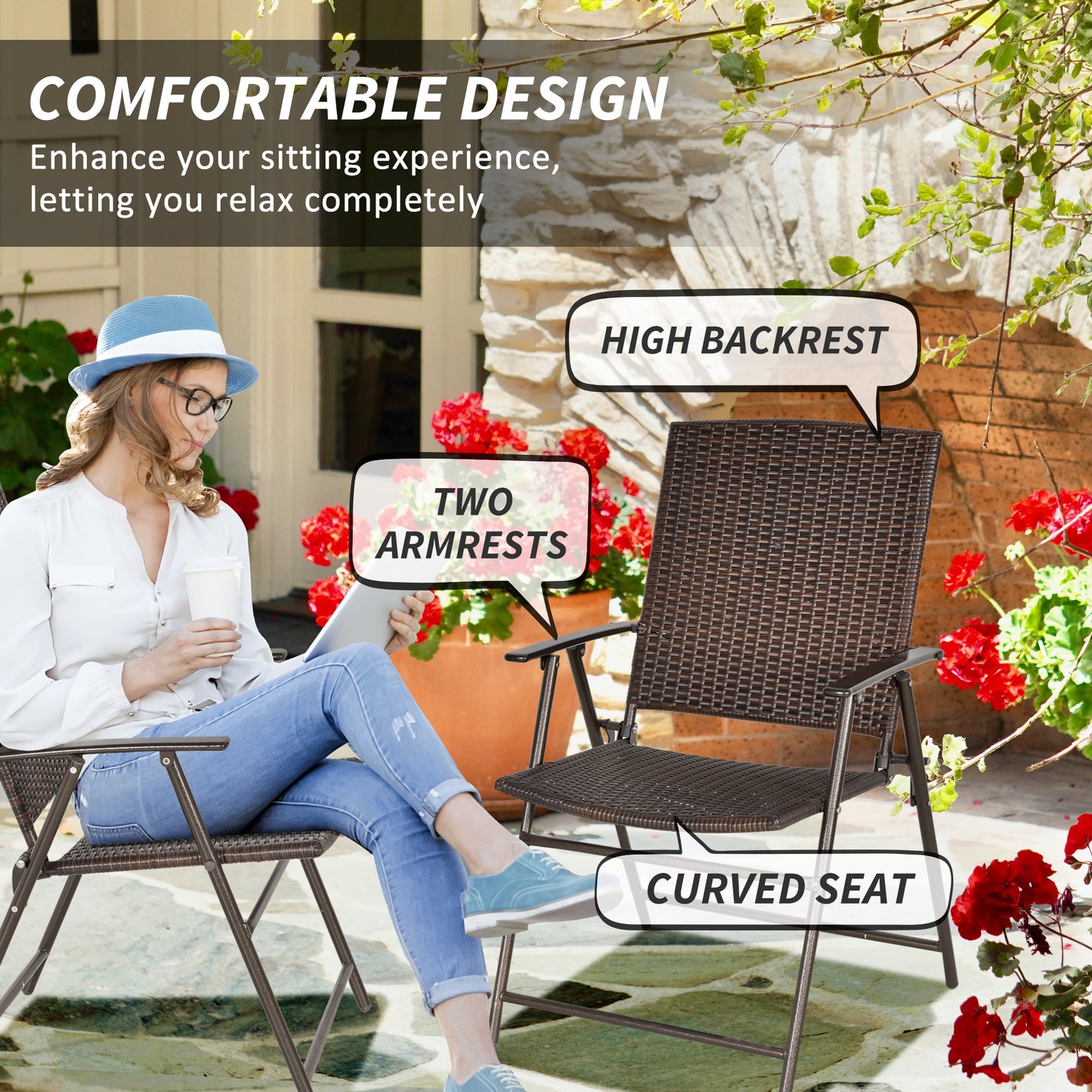 Outdoor Wicker Dining Chair Set of 2, 2 Pieces Rattan Foldable Chair with Steel Frame for Garden, Backyard, Porch, Brown