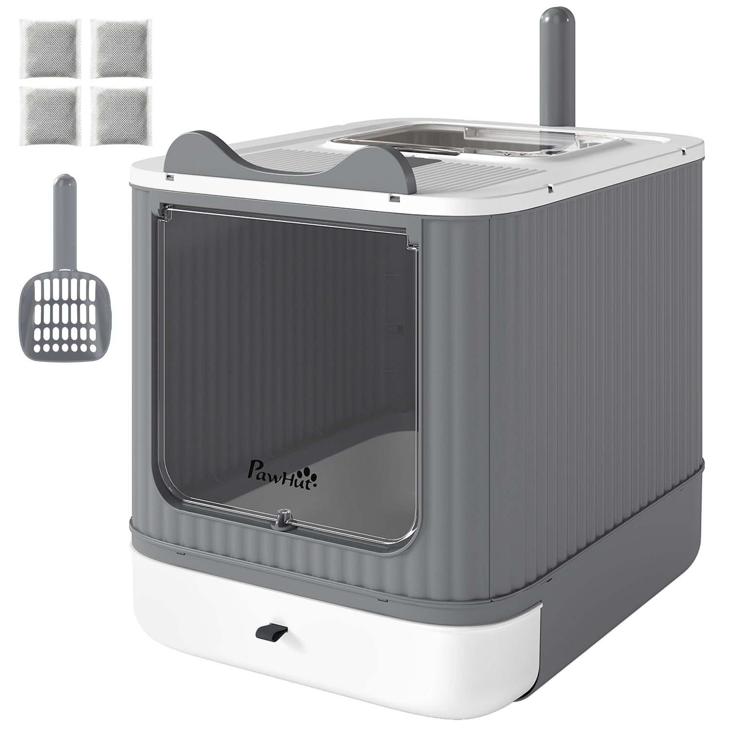 Litter Box with Lid, Enclosed Kitty Litter Box with Front-Entry, Top-Exit, Scoop, Deodorizer Bag for Medium Cats, White