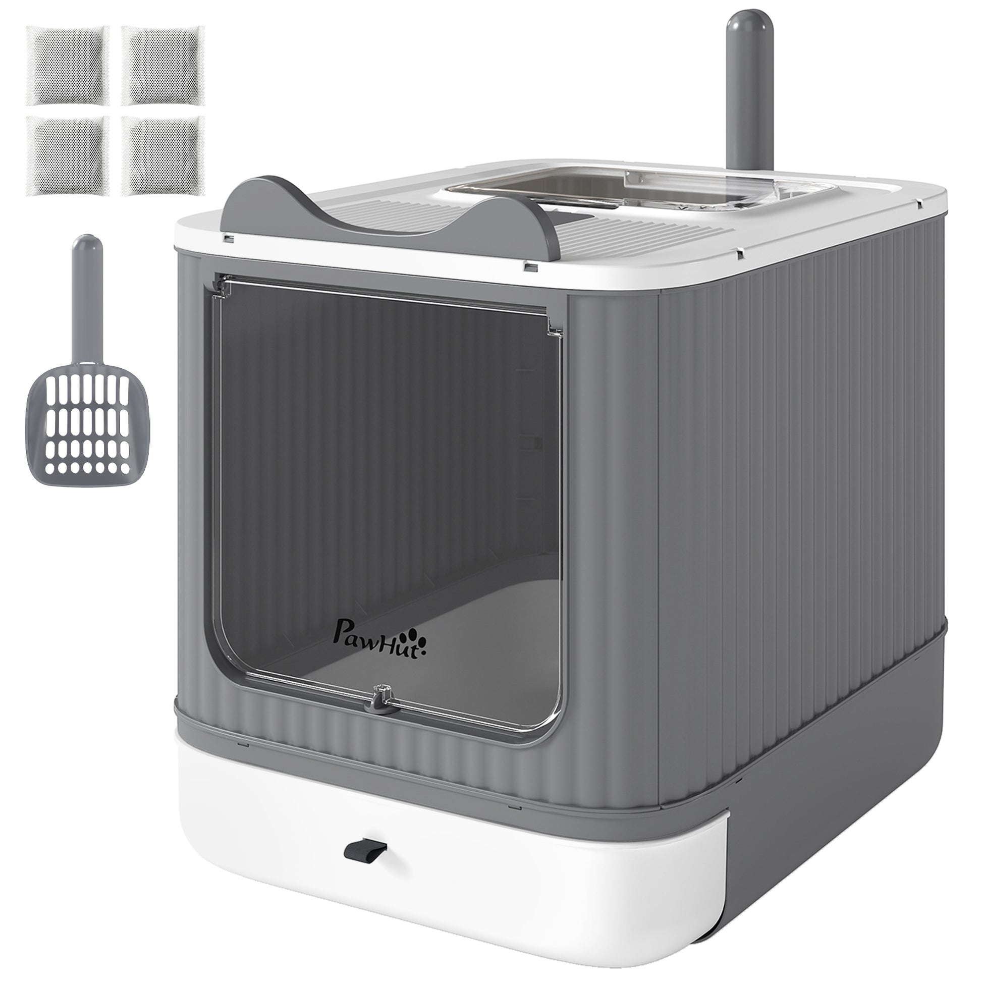 Litter Box with Lid, Enclosed Kitty Litter Box with Front-Entry, Top-Exit, Scoop, Deodorizer Bag for Medium Cats, White