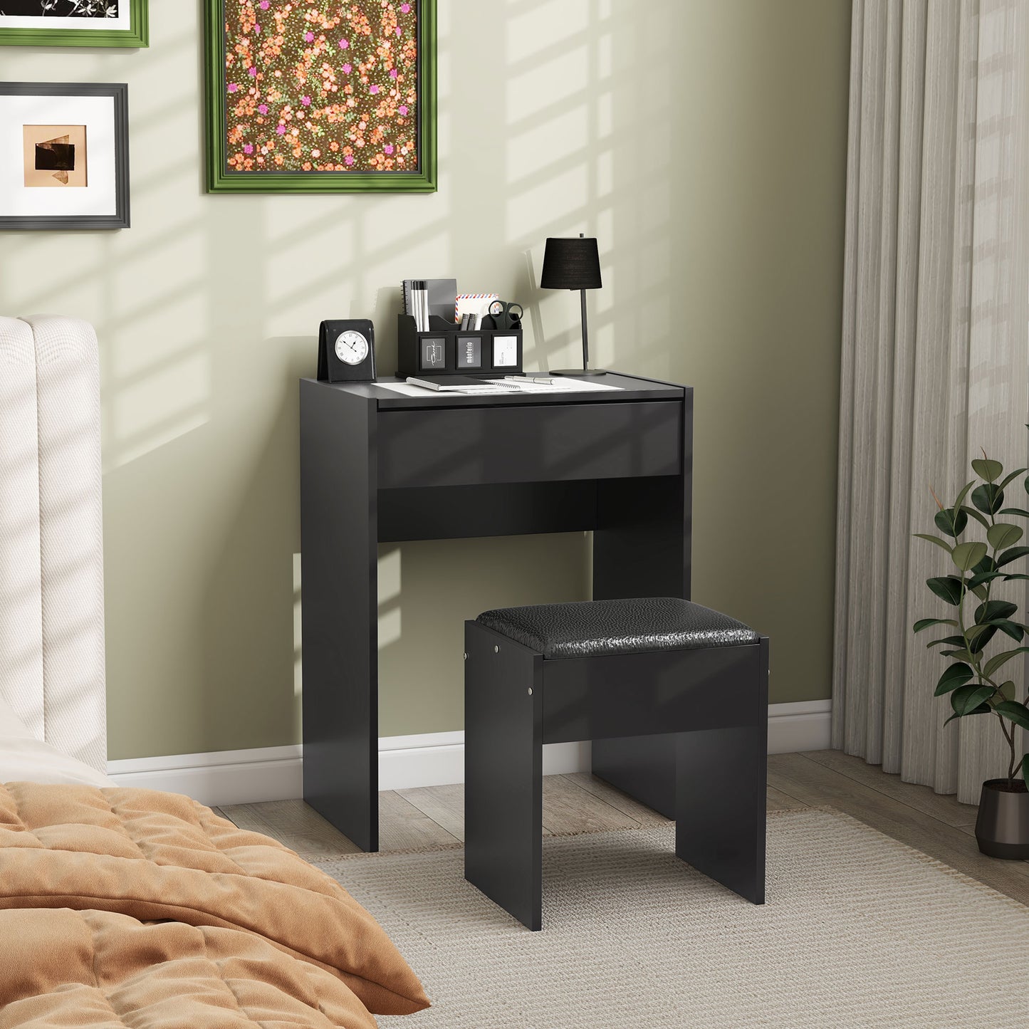 Modern Vanity Set with Makeup Table and Cushioned Stool, Dressing Table with Flip Top and Mirror for Bedroom, Black