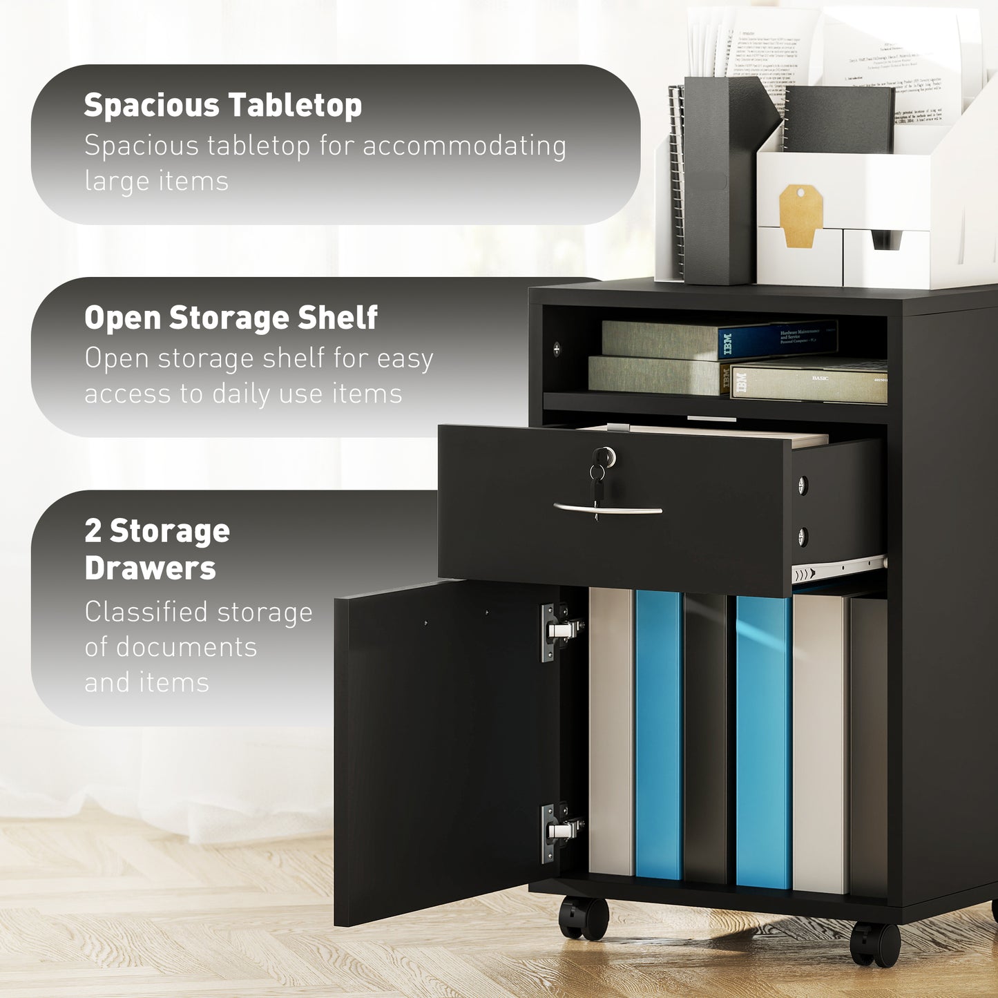 24" Small Filing Cabinet with Open Compartment, Drawer and Wheels, Home Office Storage Cabinet, Black