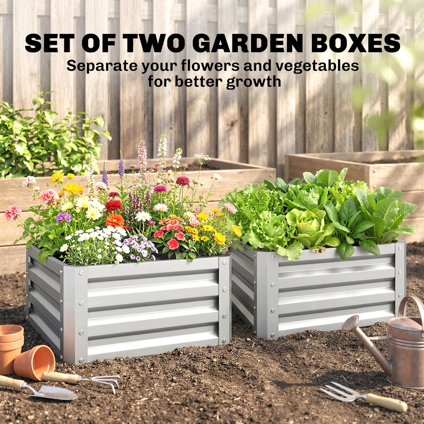 2Pcs 2' x 2' x 1' Galvanized Raised Garden Bed Kit, Square Outdoor Metal Planter Box with Open Bottom for Vegetables, Flowers, Herbs, Silver