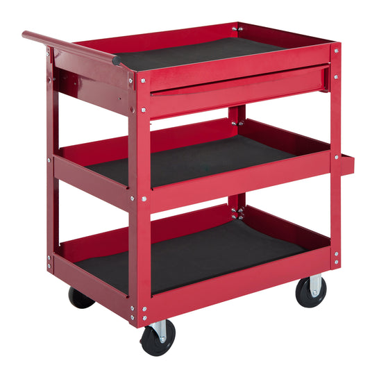 3-Tier Rolling Tool Cart with Drawer and Side Box, 132 LBS Capacity Steel Utility Cart, Mobile Service Tool Organizer for Garage, Warehouse, Workshop, Red
