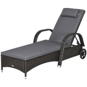 Outdoor Lounger, Deck Lounge Chair with Headrest, 5-Level Adjustable, Backrest, Wheels, Deep Coffee and Med Grey