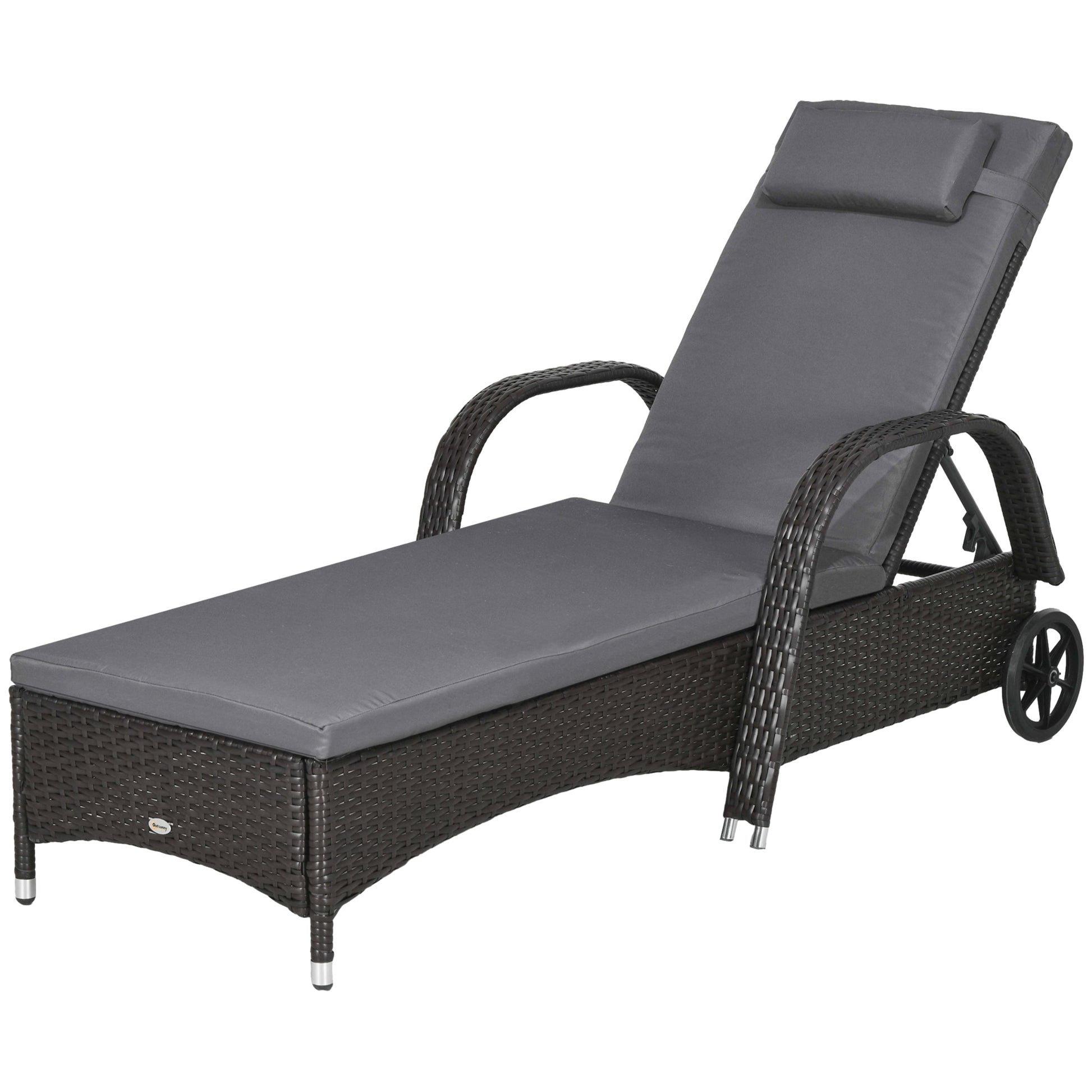 Outdoor Lounger, Deck Lounge Chair with Headrest, 5-Level Adjustable, Backrest, Wheels, Deep Coffee and Med Grey