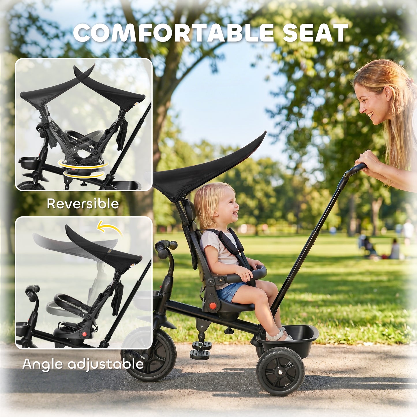 Qaba Tricycle for Toddler 4 in 1 Kids Trike, Converts Stroller to Toddler Bike, Adjustable Backrest & Flat Canopy, Detachable Guardrail & Handle for 1-5 Years Old, Black