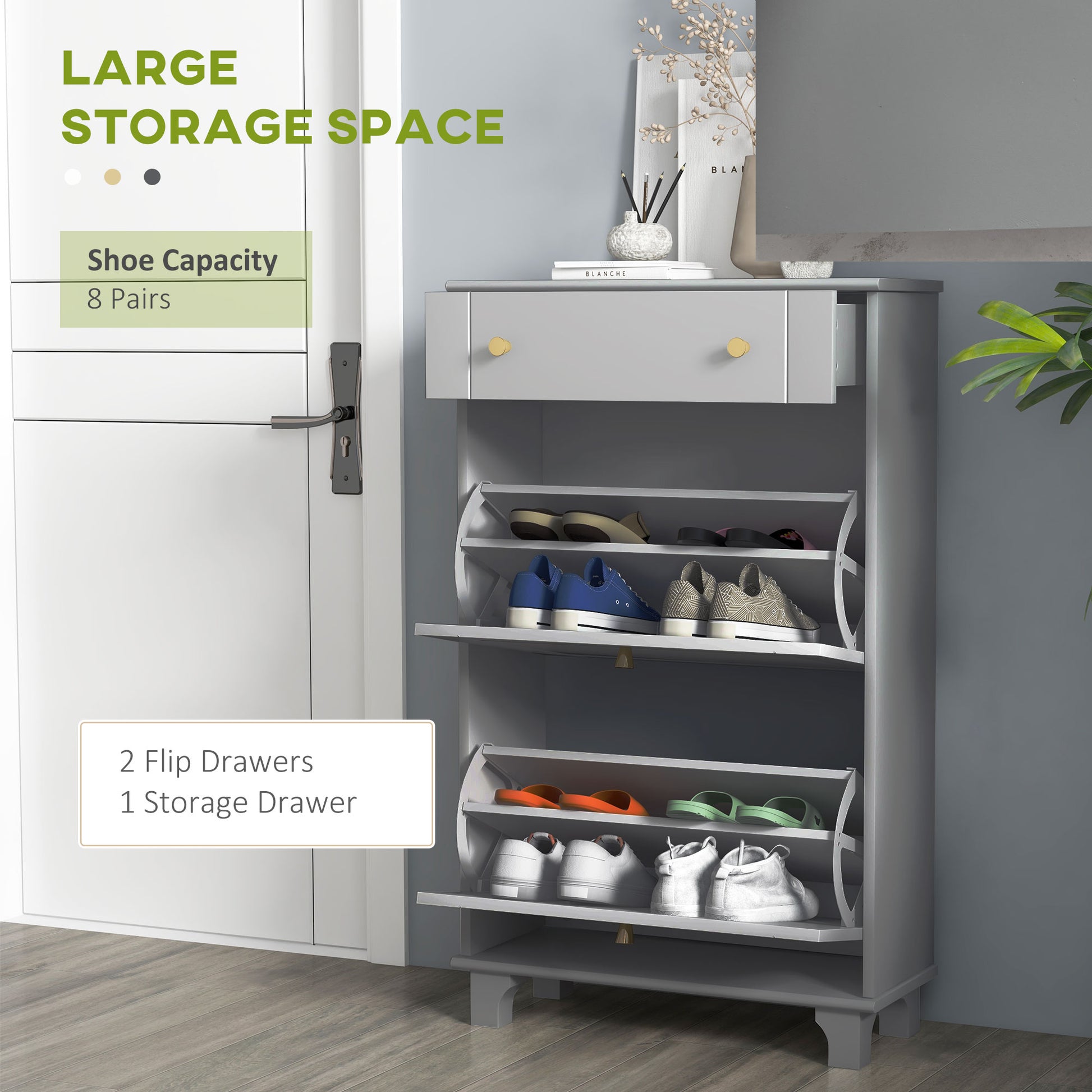 Slim Shoe Storage with 2 Flip Drawers and Adjustable Shelves Shoe Cabinet Organizer for 8 Pair, Grey