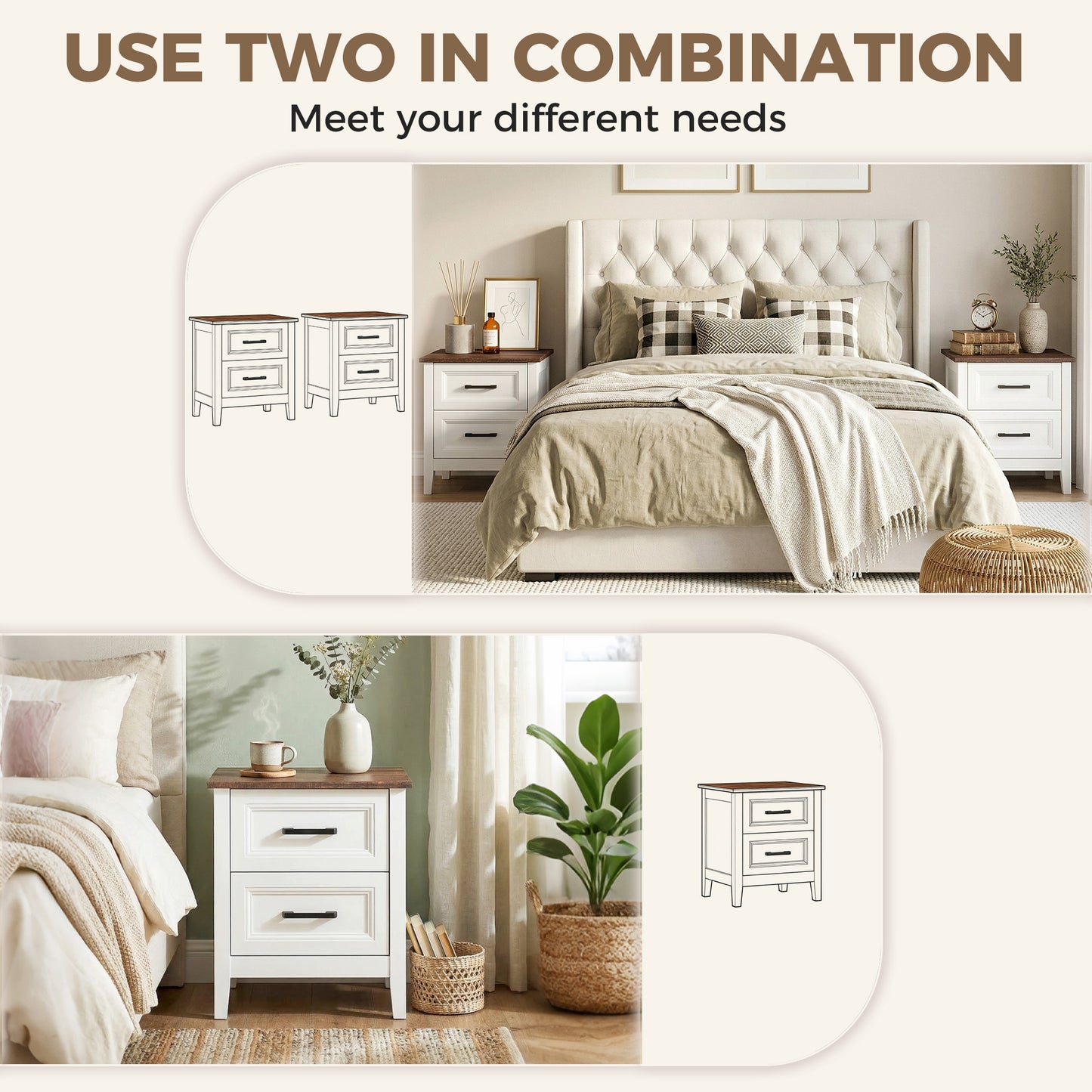Farmhouse Nightstand Set of 2, Bedside Tables with 2 Drawers, Wood-Effect Top, White