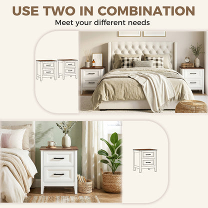 Farmhouse Nightstand Set of 2, Bedside Tables with 2 Drawers, Wood-Effect Top, White