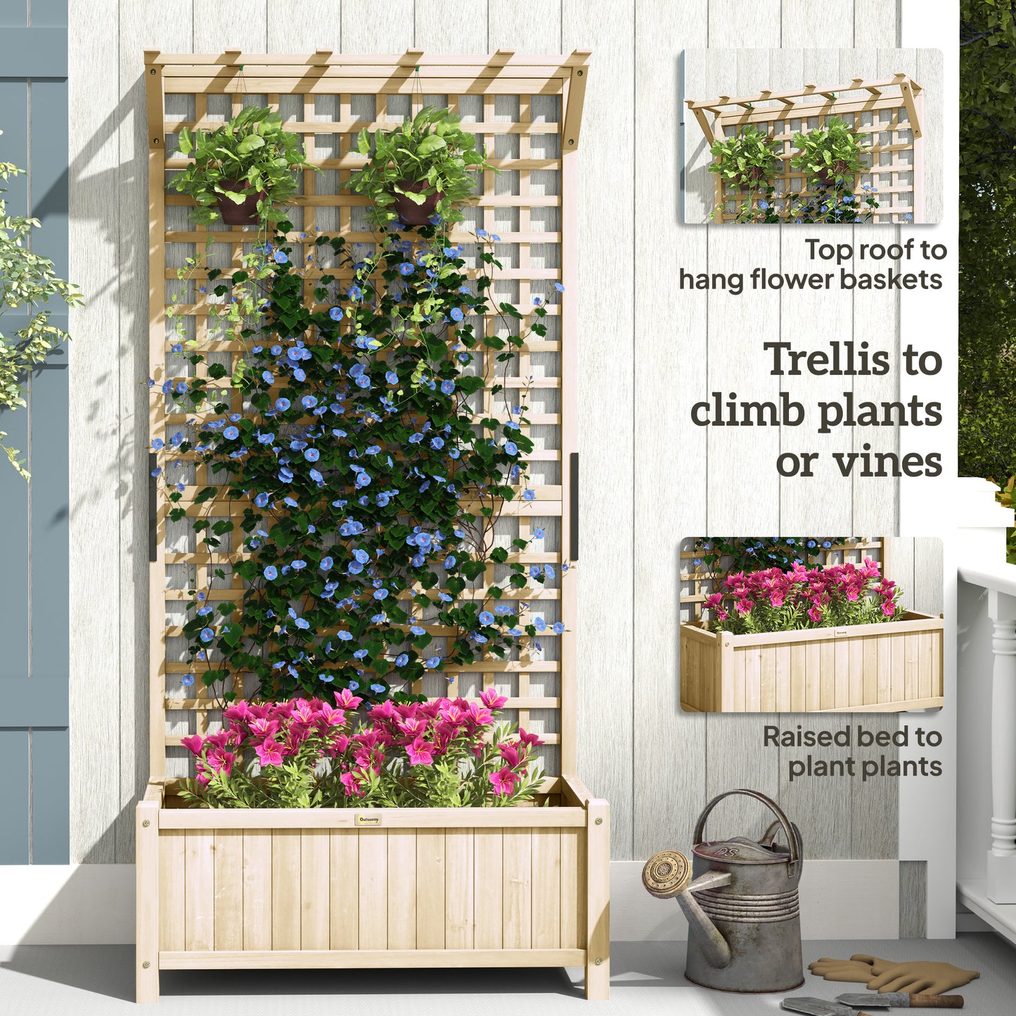 Wood Planter with Trellis for Vine Climbing, Raised Garden Bed, Privacy Screen for Backyard, Patio, Deck, Natural Wood