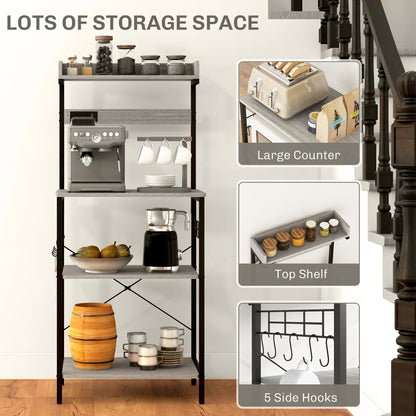 Kitchen Baker's Rack with Power Outlet, Coffee Bar Station with Adjustable Shelves and Hooks, Distressed Grey