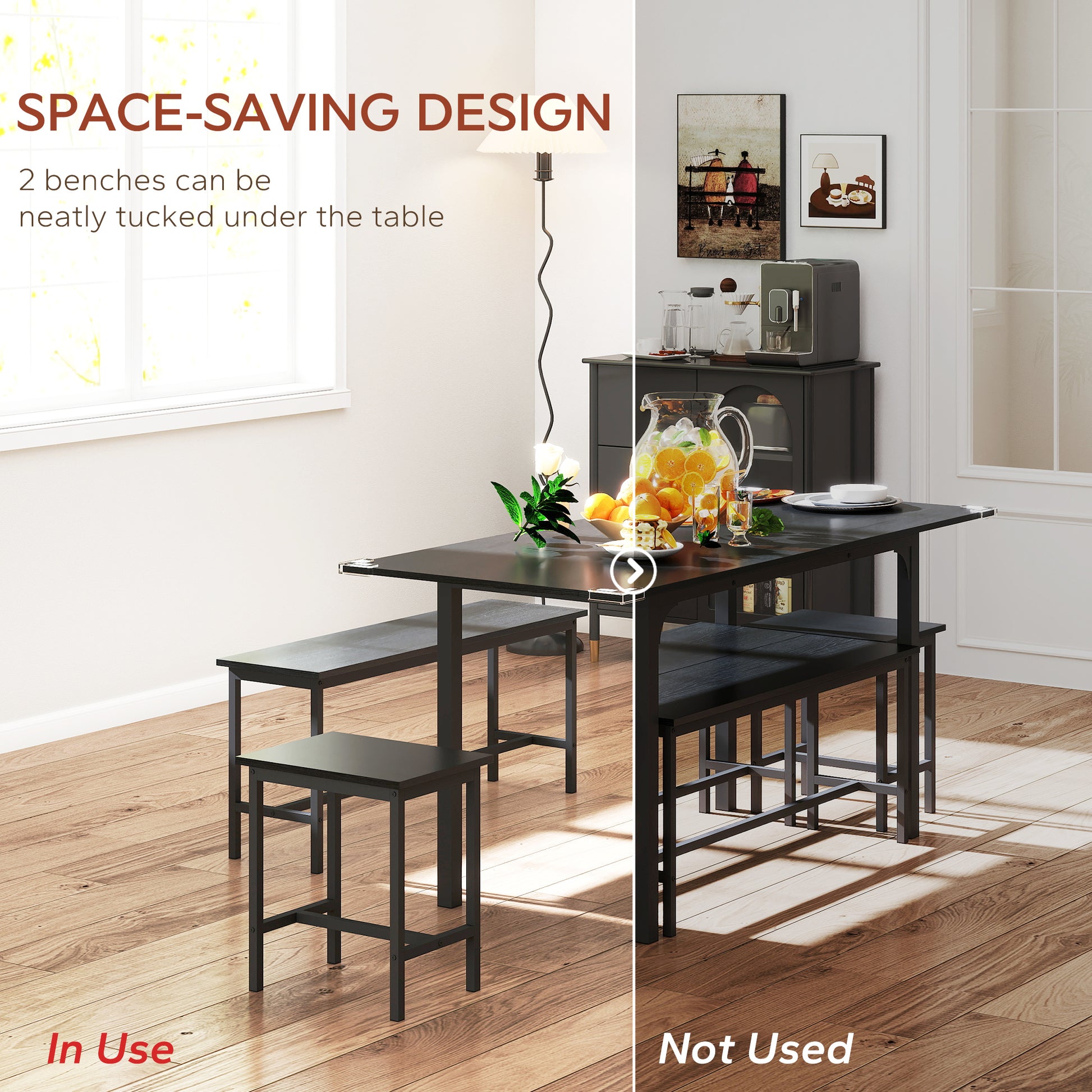 Extendable Dining Table Set, 5-Piece Dining Set for 4-6 with 2 Benches and 2 Stools for Small Spaces, Black