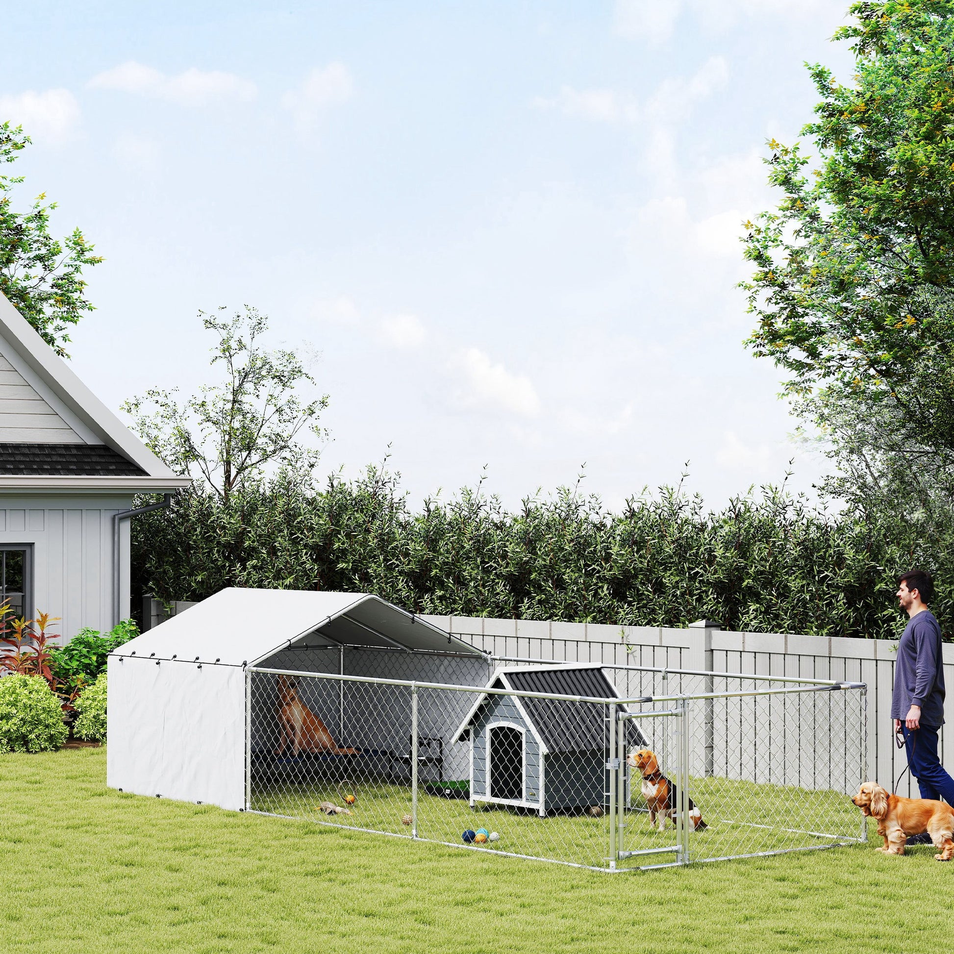 Galvanized Steel Dog Kennel Outdoor with Waterproof & UV-Resistant Cover for Large Dogs, 19.7' x 7.5' x 4.9'