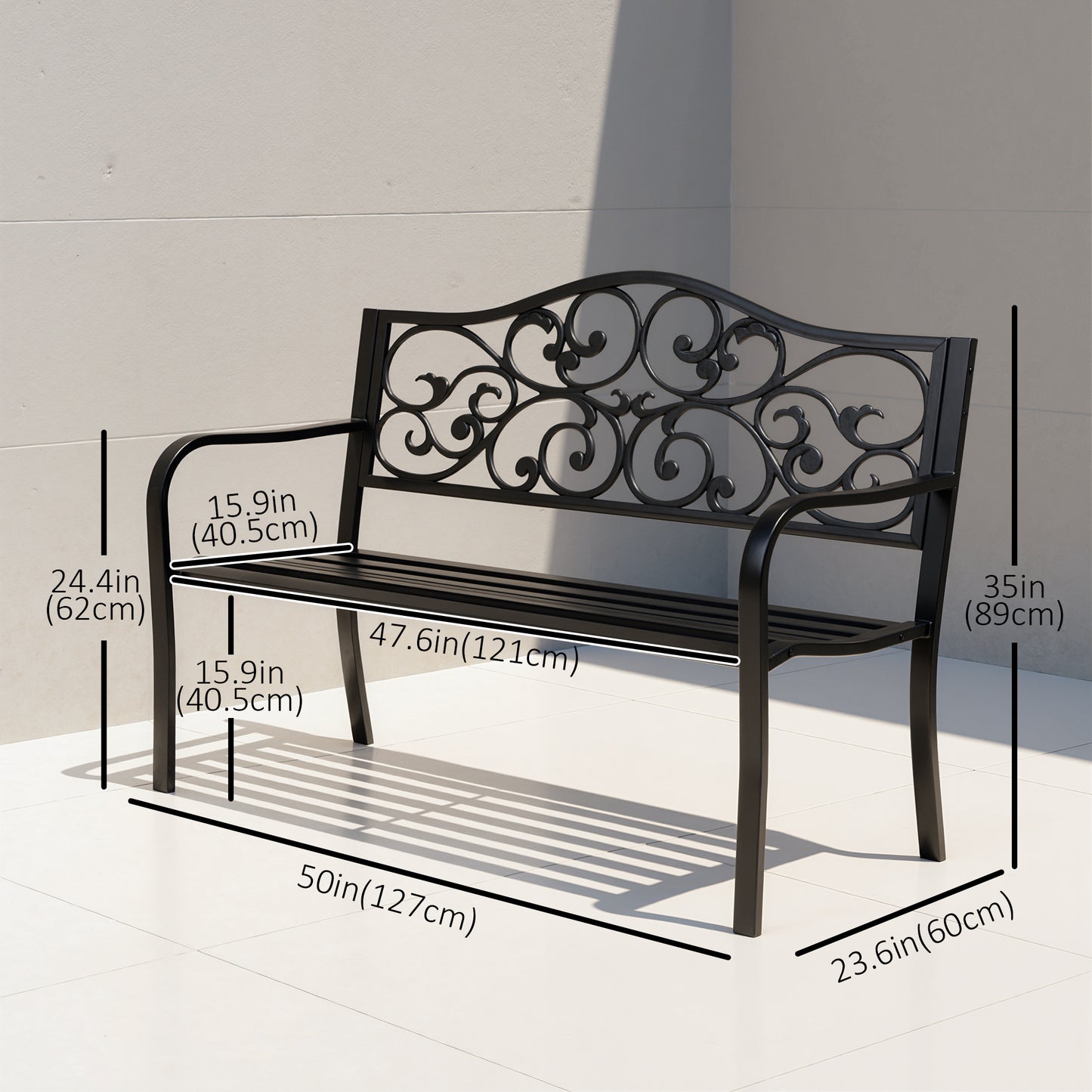 Garden Bench Outdoor Loveseat with Vintage Floral Pattern Cast Metal, 50" x 23.6" x 35", Black
