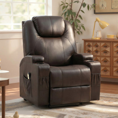 Power Lift Recliner Chair for Elderly, PU Leather Lift Chair with Thick and High Back, Footrest, Remote, Side Pockets, Cup Holders, Reclining Sofa for Living Room, Brown