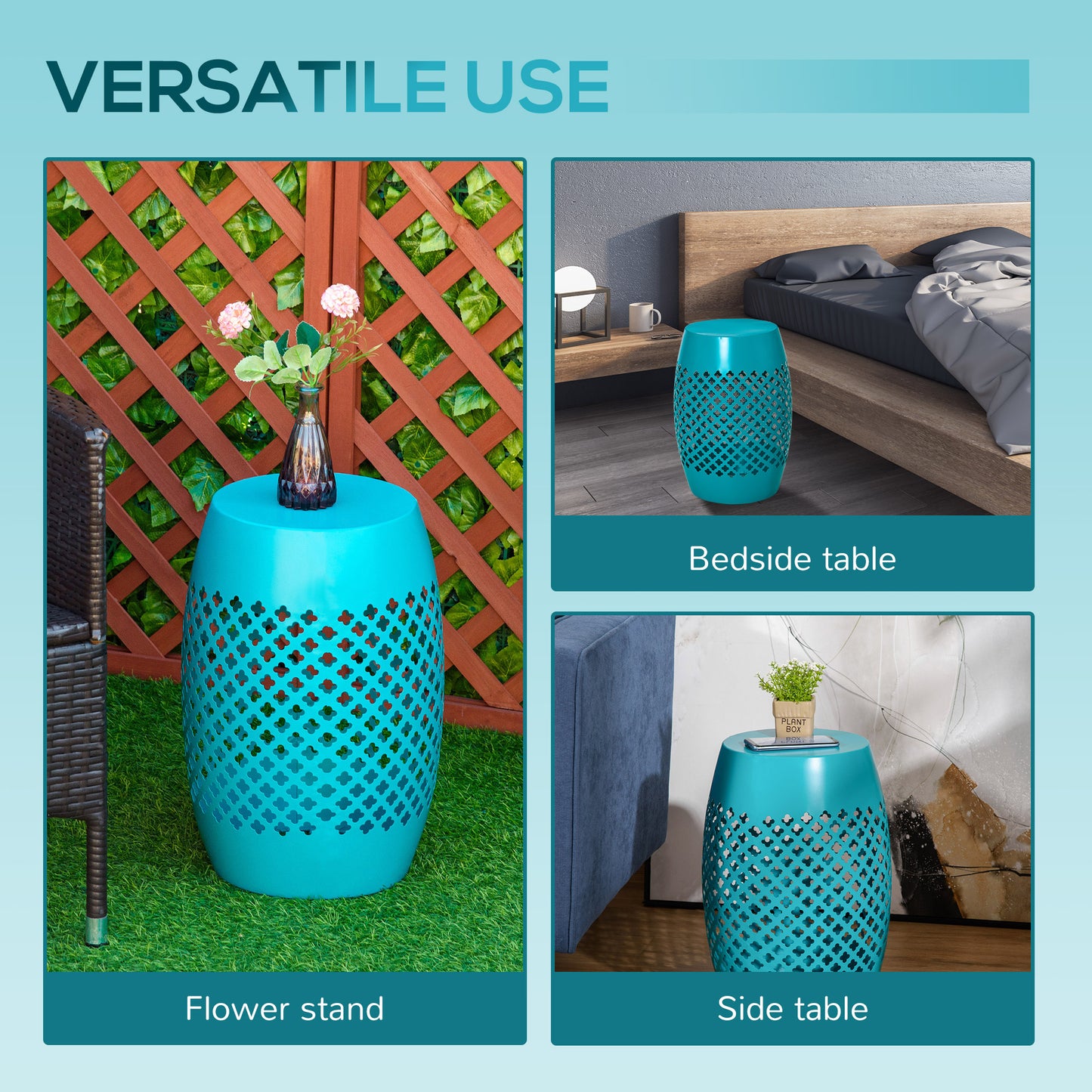 12" Steel Patio End Table, Round Hollow Drum Side Table, Accent Table for Indoor and Outdoor, Teal