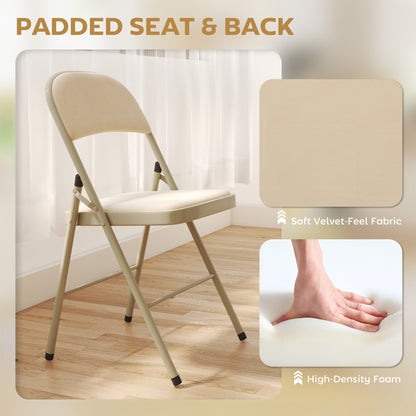 4 Pack Folding Chairs with Padded Seats, Velvet Portable Party Chairs with Steel Frame, Beige