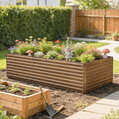 8' x 4' x 2' Raised Garden Bed, Galvanized Planter Box for Growing Flowers, Herbs and Vegetables Dark Brown Wood Effect