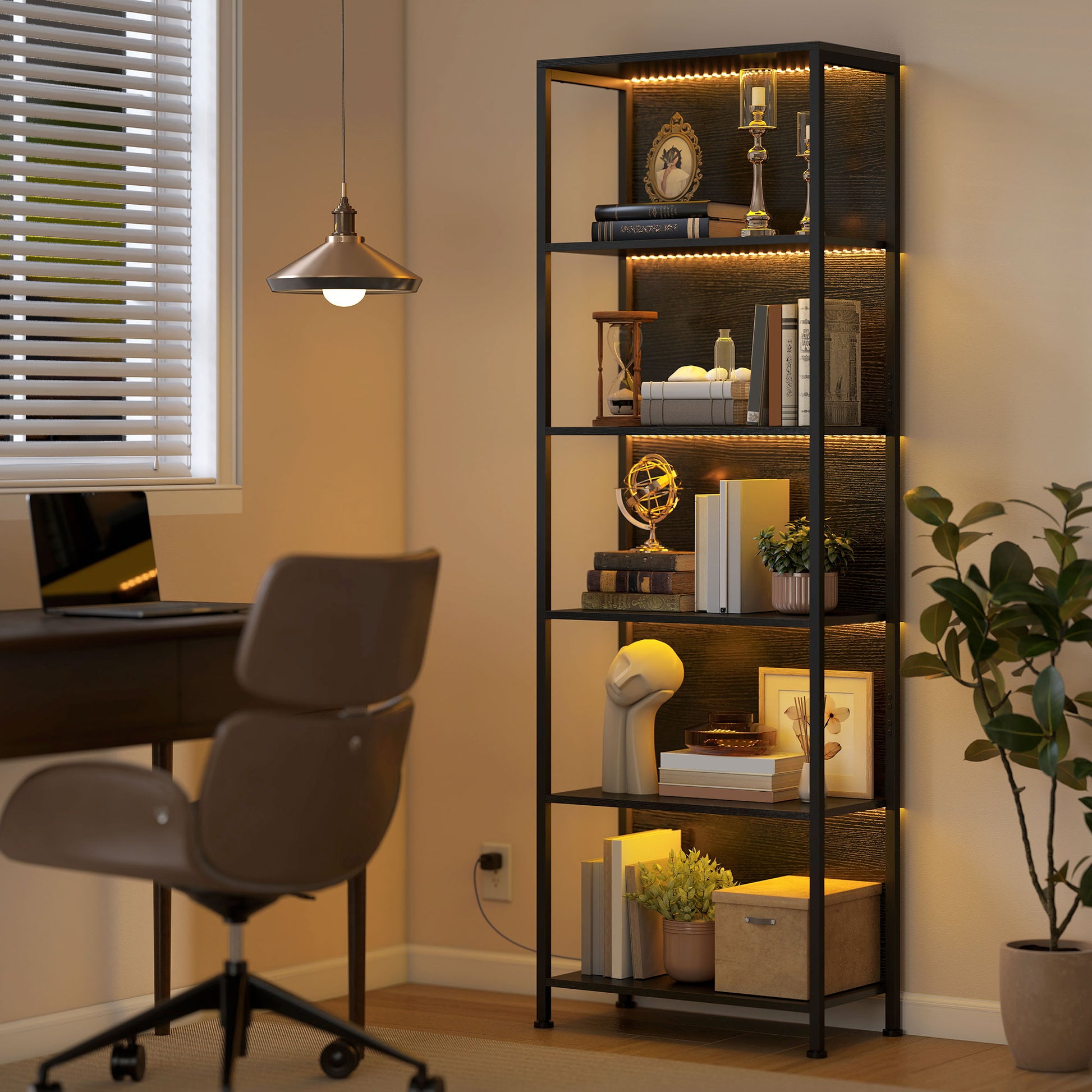 5-Tier Bookshelf, Freestanding Bookcase with LED Lights and Metal Frame for Living Room, Bedroom, Home Office, Black