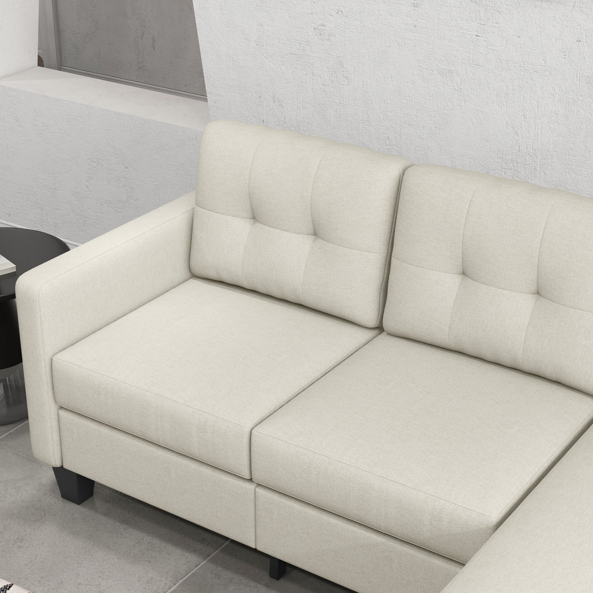 Small Corner Sofa, 3 Seater Sectional Couch with Ottoman, Corner Sofa with Thick Padded Cushion and Wood Legs, Beige