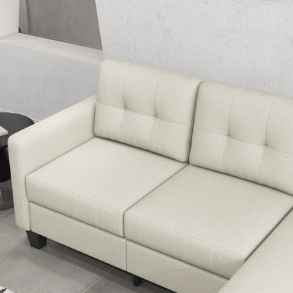 Small Corner Sofa, 3 Seater Sectional Couch with Ottoman, Corner Sofa with Thick Padded Cushion and Wood Legs, Beige