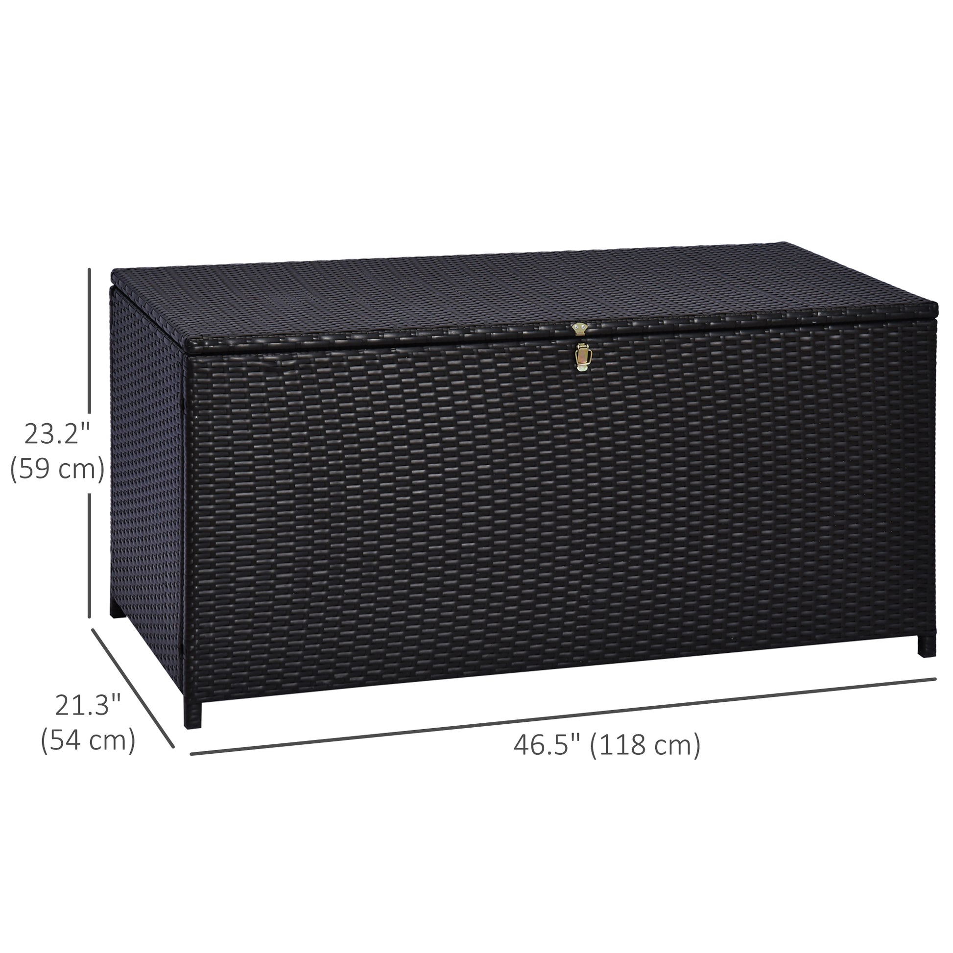 Wicker Outdoor Storage Box, 75 Gallon Deck Box with Gas Strut and Clamp Lid, Rattan Patio Storage Container for Gardening Tools, Pool Supplies, Dark Brown