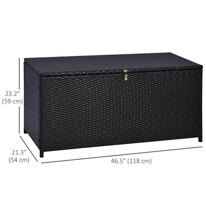 Wicker Outdoor Storage Box, 75 Gallon Deck Box with Gas Strut and Clamp Lid, Rattan Patio Storage Container for Gardening Tools, Pool Supplies, Dark Brown