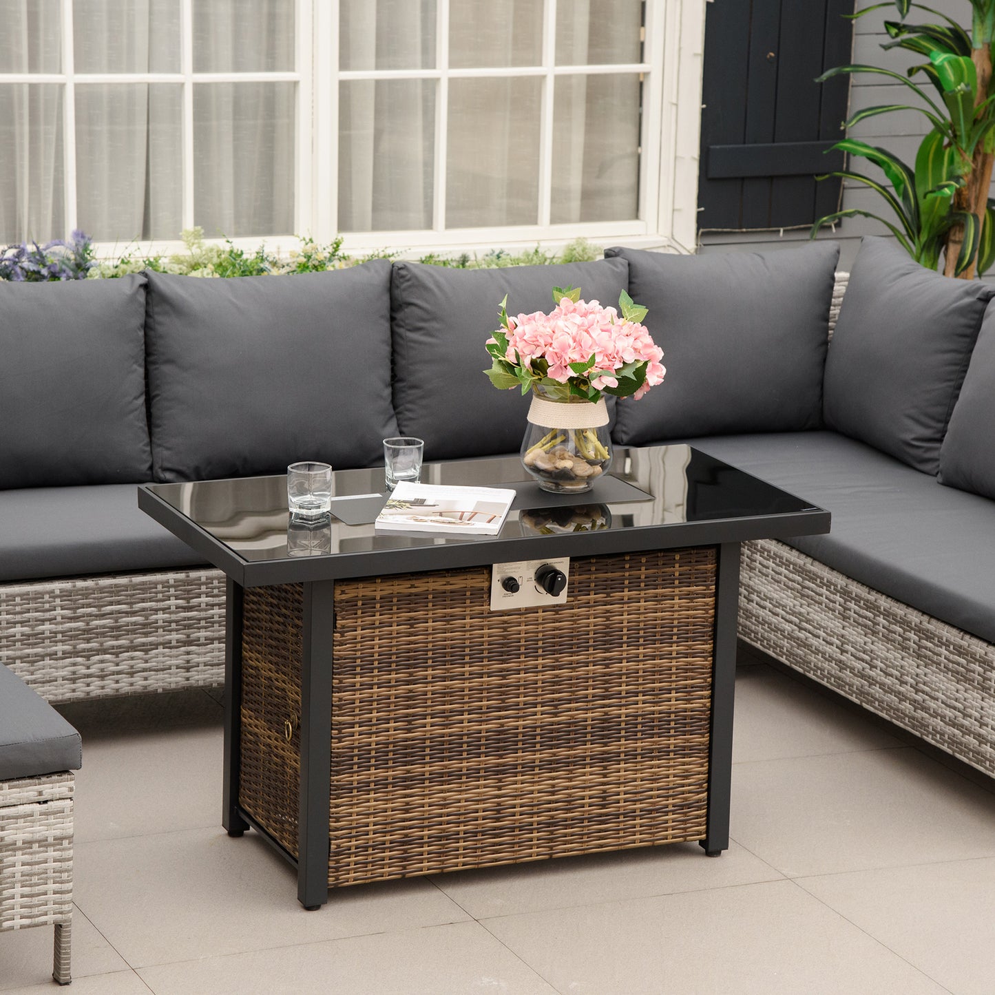 Outdoor Propane Gas Fire Pit Table, 50,000 BTU Electric Ignition Gas Firepit with Glass Cover, Black Glass Tabletop and CSA Certification, Brown
