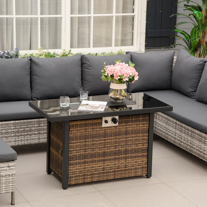 Outdoor Propane Gas Fire Pit Table, 50,000 BTU Electric Ignition Gas Firepit with Glass Cover, Black Glass Tabletop and CSA Certification, Brown
