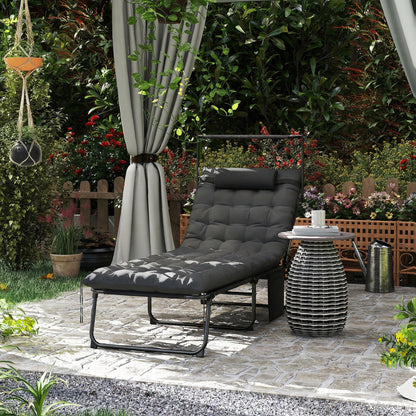 Folding Lounge Chair with Adjustable Canopy, 4-Position Outdoor Tanning Chair with Headrest, Dark Grey