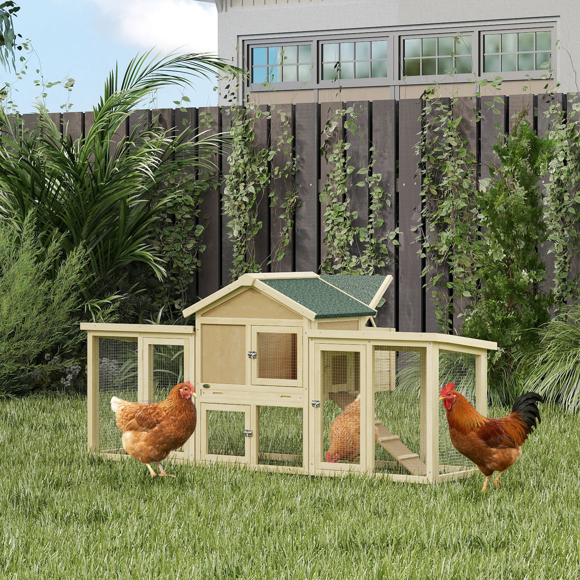Wooden Chicken Coop, Outdoor Backyard Garden Large Rabbit Hutch with Nesting Box, Run, Ramp, Drawer