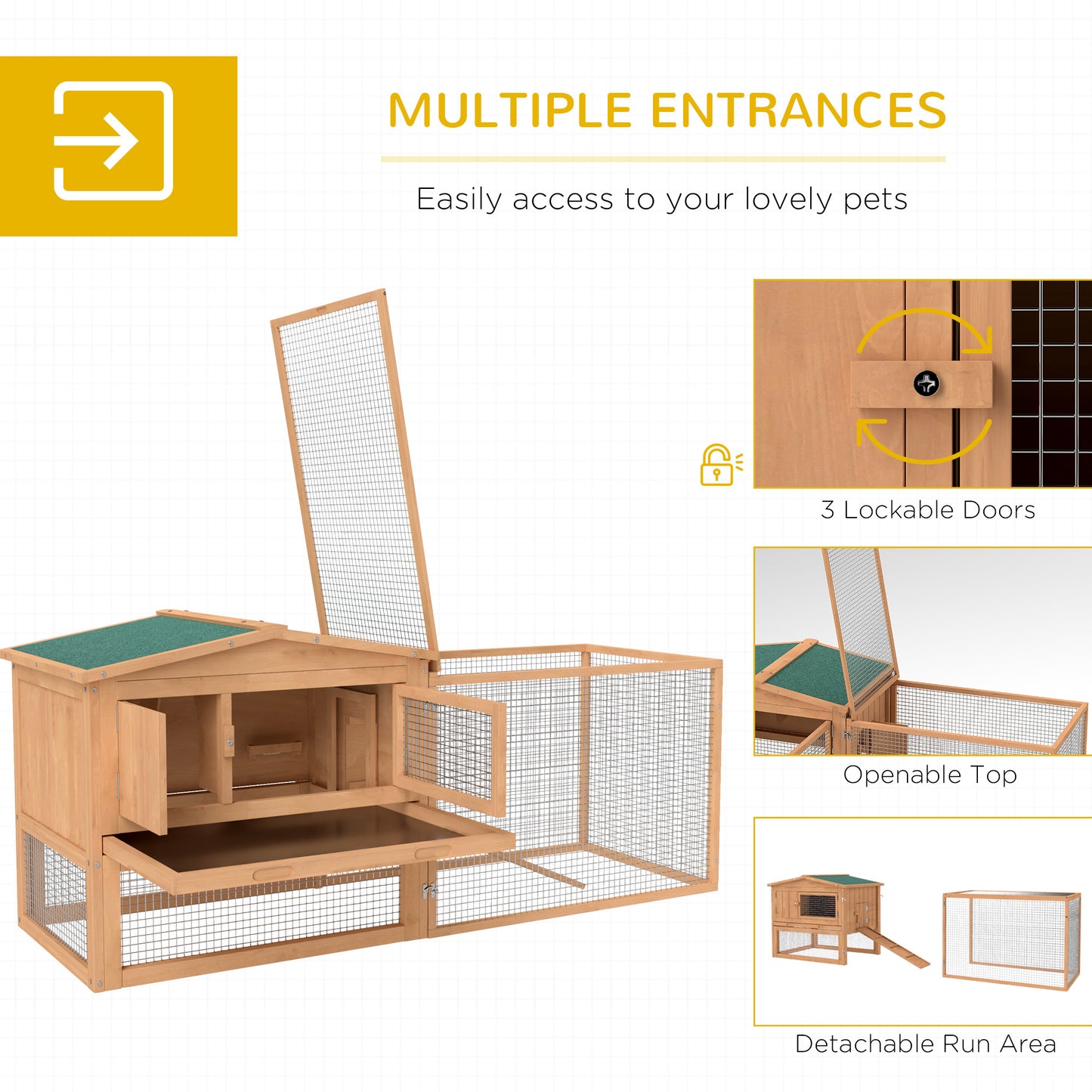 62'' L 2-Story Rabbit Hutch Bunny Cage Small Animal House with Pull Out Tray, Detachable Run, Ramp, for Indoor Outdoor, Natural