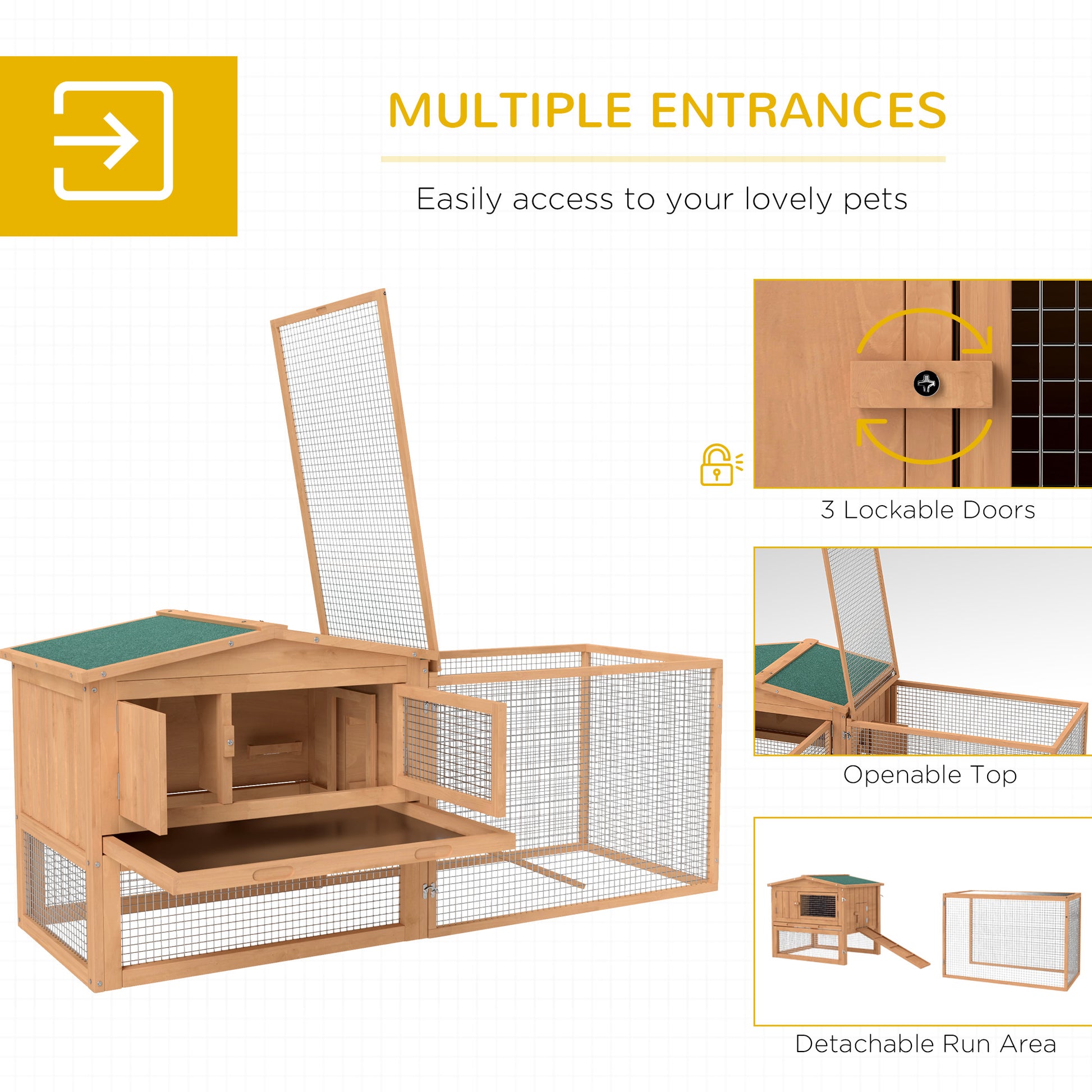 62'' L 2-Story Rabbit Hutch Bunny Cage Small Animal House with Pull Out Tray, Detachable Run, Ramp, for Indoor Outdoor, Natural