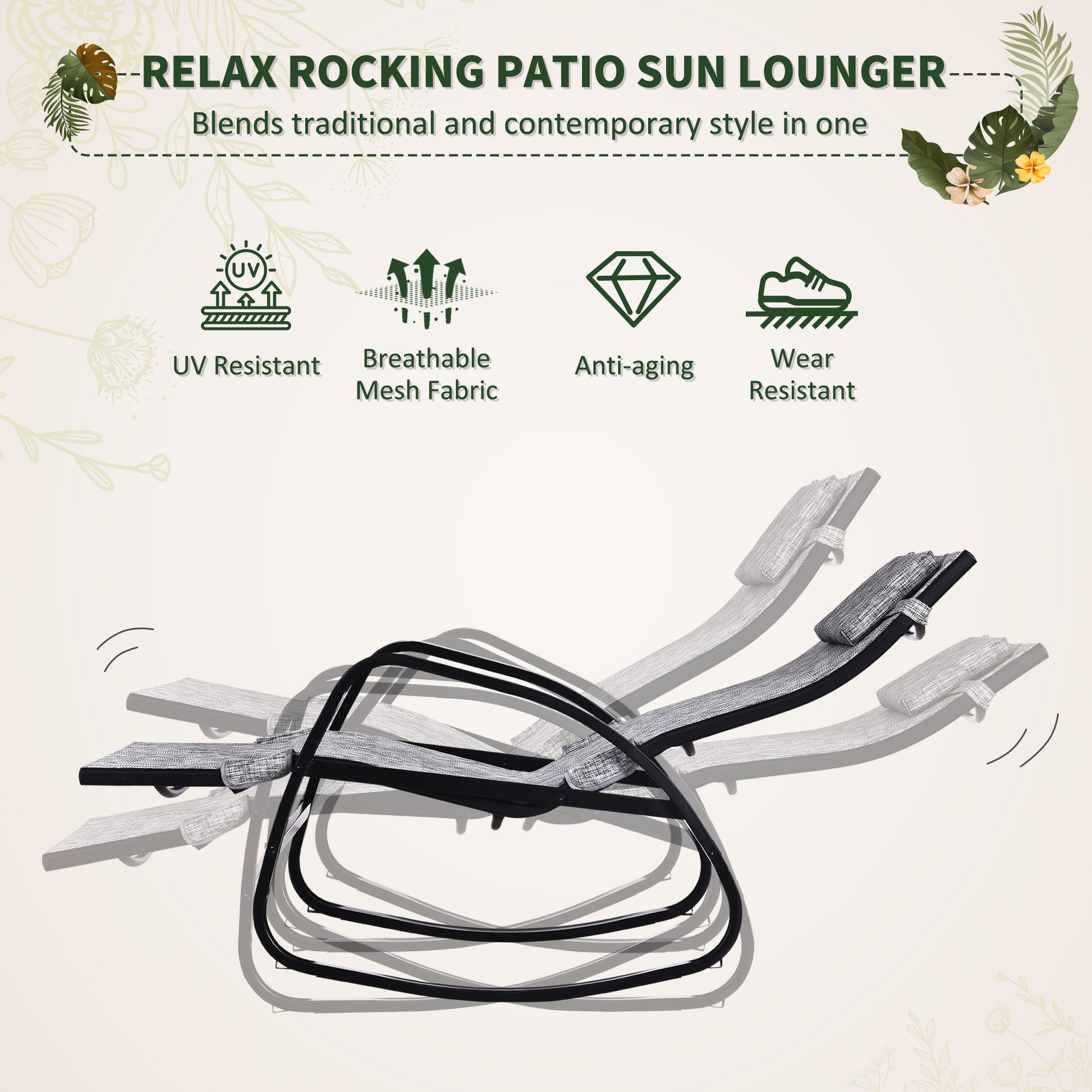 Patio Rocking Lounge Chair Adjustable Texteline Zero Gravity Rocker Outdoor Recliner Seat w/ Pillow, Footrest
