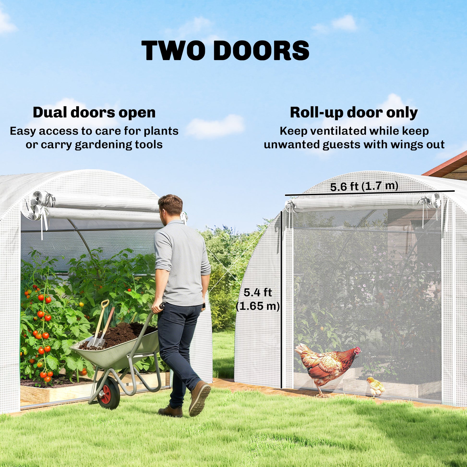 Walk-in Tunnel Greenhouse with 2 Support Rods, Mesh Door, Plant Hot House with PE Cover, 20'x10'x7', White