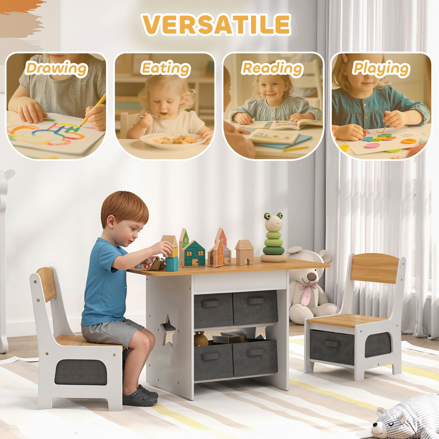 Qaba 3 Piece Kids Table and Chair Set with 6 Removable Drawers, for Classroom, Living Room, Bedroom, Nursery, Natural
