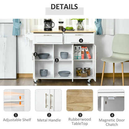 48" Kitchen Island with Storage and Solid Wood Top, Rolling Kitchen Cart on Wheels with 2 Storage Drawers, 3 Doors and Towel Rack for Dining Room, White